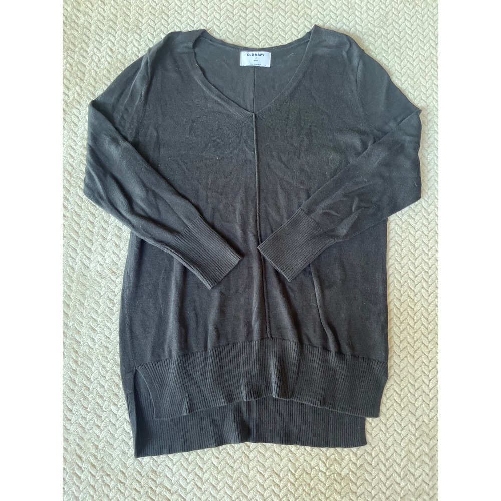 Old Navy Womens Black V-Neck Tunic Sweater Medium Petite High Low Seam Detail